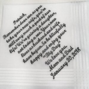 Mother to Son, wedding handkerchief, parents to groom, wishes for sons wedding, 209S